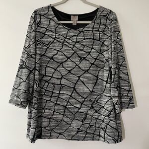 Chico's Easywear Tunic Top 3/4 Sleeve Abstract Gray Black Women's Size 3, XL